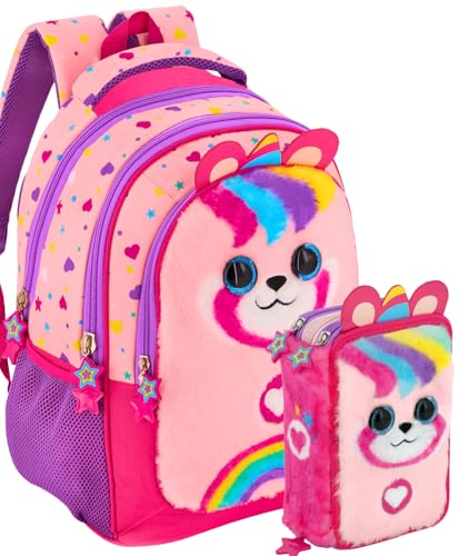 Schulrucksack + 3‑Fach Federmäppchen 45 Teile – Klasse 1–4 – Deluxe Grundschul‑Set gefüllt, ergonomisch 43×33×15 cm – Geschenk für Mädchen – Julian Ross Plüsch Bär mit Regenbogen, 3D-Design von Clondo