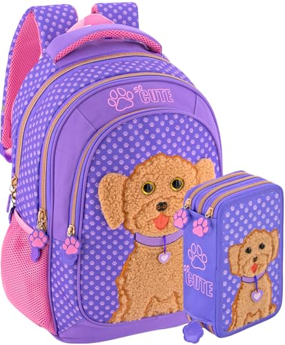 Schulrucksack + 3‑Fach Federmäppchen 45 Teile – Klasse 1–4 – Deluxe Grundschul‑Set gefüllt, ergonomisch 43×33×15 cm – Geschenk für Mädchen – Julian Ross niedlicher Hund in 3D von Clondo