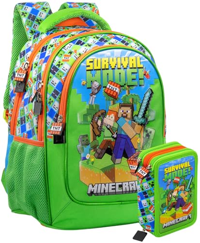 Schulrucksack + 3‑Fach Federmäppchen für Minecraft Fan – Deluxe Grundschul‑Set gefüllt (45 Teile), ergonomisch 43×33×15 cm – Geschenk für Jungen – Clondo von Clondo
