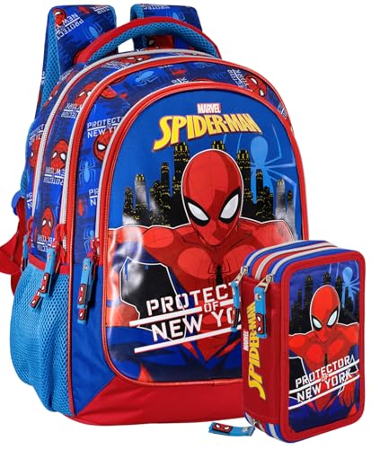 Schulrucksack + 3‑Fach Federmäppchen für Spiderman Fan – Deluxe Grundschul‑Set gefüllt (45 Teile), ergonomisch 43×33×15 cm – Geschenk für Jungen – Clondo von Clondo