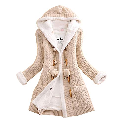 Cloodut Damen Winter Elegante Gestrickte Strickjacke Outwear Lange Verdicken Cardigan Strickmantel mit Kapuzen Winterjacke Pullover Pulli Offener Ausschnitt(Beige,S) von Cloodut