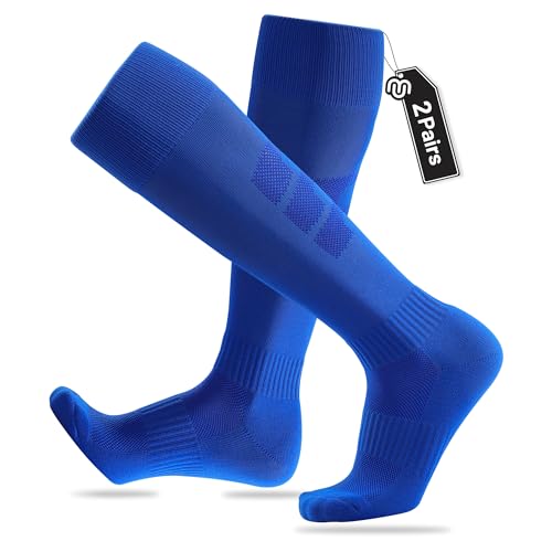 Closemate 2 Paar Fußballsocken Herren Anti Rutsch Fußballstutzen Kompression Knie High Gepolsterte Tube Socken Sportsocken Lange Training Sockenstutzen für Fußball Laufen Training(2Blau, Größe L) von Closemate