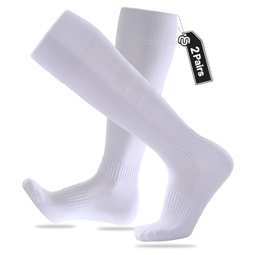 Closmate 2 Paar Fußballsocken Herren Anti Rutsch Fußballstutzen Kompression Knie High Gepolsterte Tube Socken Sportsocken Lange Training Sockenstutzen für Fußball Laufen Training(2Weiß, Größe M)… von Closemate