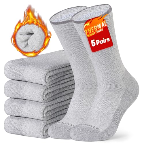 Closemate 5 Paar Socken Herren Lange Arbeitssocken Dick Warme Crew Sportsocken Thermosocken WinterSocken Baumwollsocken Atmungsaktiv Weichem Vollfrottee Wandersocken(5Grau, Größe L) von Closemate