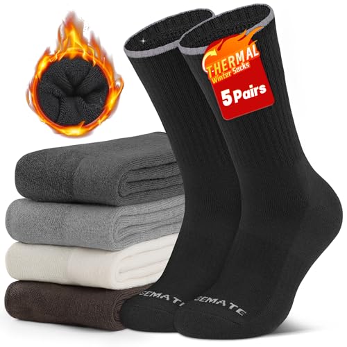 Closemate 5 Paar Socken Herren Lange Arbeitssocken Dick Warme Crew Sportsocken Winter Thermosocken Baumwollsocken Vollfrottee Wandersocken (1Schwarz+1Beige+1Hellgrau+1Dunkelgrau+1Braun, Größe M) von Closemate