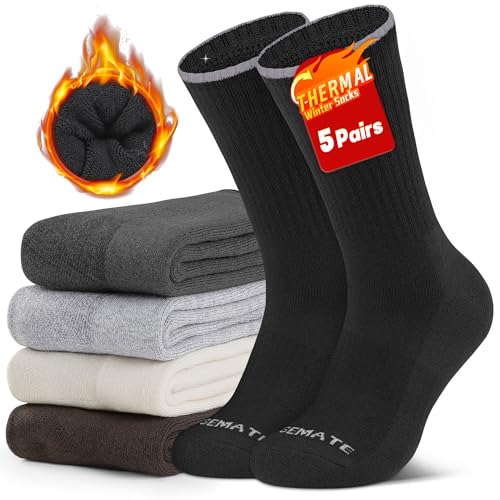 Closemate 5 Paar Thermosocken Herren 39-42 43-46 47-50 Wintersocken Warme Socken Gekämmte Baumwollsocken Wandersocken Trekkingsocken Arbeitssocken Haussocken Schwarz Beige Dunkelgrau Hellgrau Braun XL von CLOSEMATE