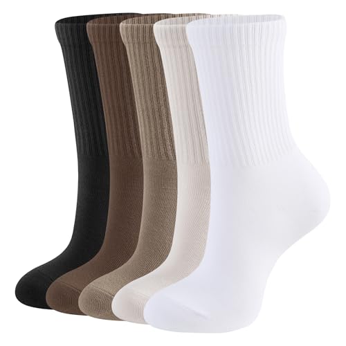 CLOSEMATE 5 Paar Tennissocken Damen Laufsocken Strümpfe Sportsocken Wadenstrümpfe Atmungsaktive Baumwollsocken Gekämmte Baumwolle Damensocken Crew Socks Weiß Schwarz Braun Beige Größe S 35-38 von CLOSEMATE