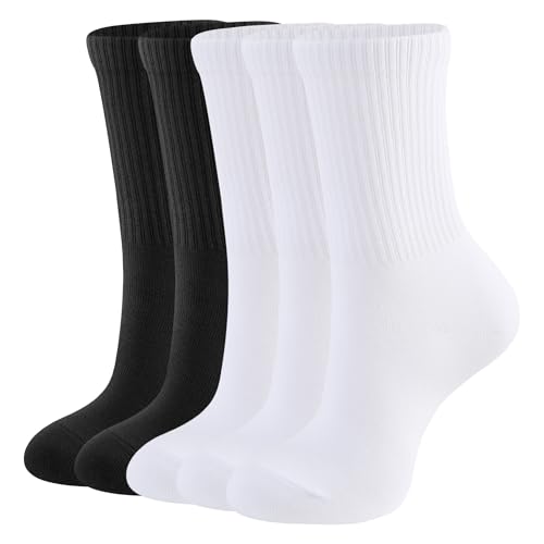 CLOSEMATE 5 Paar Tennissocken Damen Laufsocken Strümpfe Sportsocken Wadenstrümpfe Atmungsaktive Baumwollsocken Gekämmte Baumwolle Damensocken Crew Socks 3Weiß 2Schwarz Größe M 39-42 von CLOSEMATE