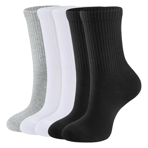 CLOSEMATE 5 Paar Tennissocken Damen Laufsocken Strümpfe Sportsocken Wadenstrümpfe Atmungsaktive Baumwollsocken Gekämmte Baumwolle Damensocken Crew Socks 2Weiß 2Schwarz 2Hellgrau Größe S 35-38 von CLOSEMATE