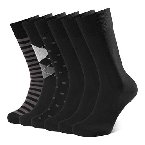 CLOSEMATE 6 Paar Business Socken Herren 39-42 43-46 Anzugsocken Herrensocken Atmungsaktive Baumwolle Herrenstrümpfe Lange Strümpfe Baumwollsocken für Männer 3Schwarz 3Muster Größe L von CLOSEMATE