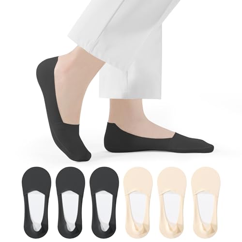 Closemate Sneaker Socken Damen Füßlinge 6 Paar No Show Sommer Dünne Licht Unsichtbare Socken mit Rutschfest Silikon Schnitt Willkürlich Kurze Ballerina Socken(3Schwarz3Hautfarbe, Größe M) von Closemate