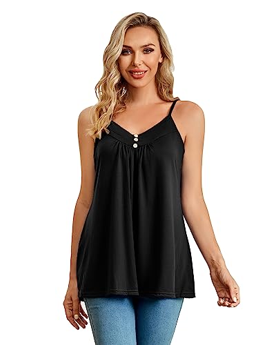 Closhion Damen Ärmellos Sommer Casual Camisole Plissee Tank Tops mit Knopf, Schwarz , 42 von Closhion