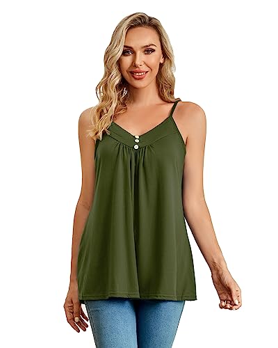 Closhion Damen Ärmellos Sommer Casual Camisole Plissee Tank Tops mit Knopf, armee-grün, 42 von Closhion