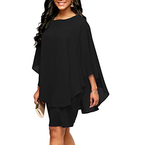 Closhion Damen Casual Plus Size Chiffon Overlay Rundhals Party Midi Kleider, Schwarz , 44 von Closhion