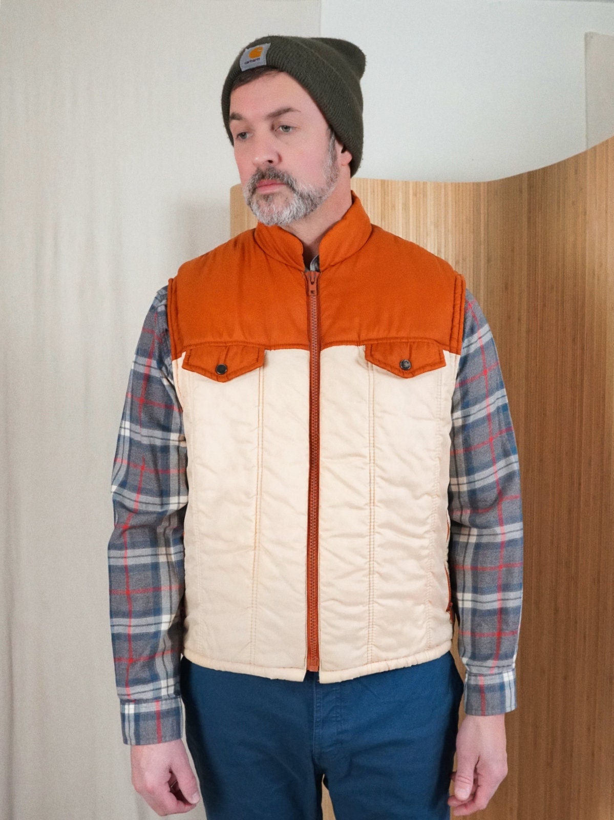 Vintage 70Er Jahre Kampus Burnt Orange Gesteppte Vielseitige Abnehmbare Ärmel Retro Nylon Creme Ski Jacke Snap Pocket Kontrast Colorblock Kugelweste von ClosiTherapiVintage