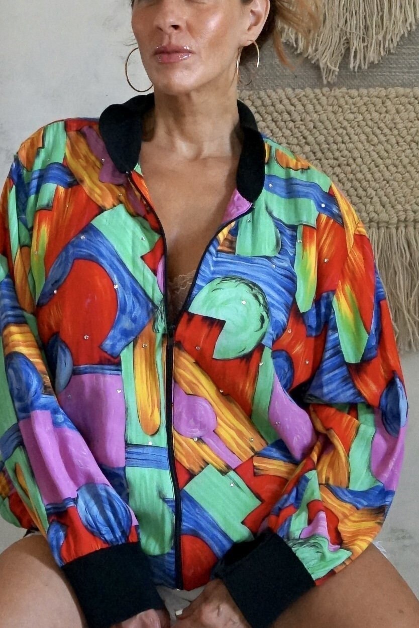 Vintage 80Er Abstrakt Schillernde Regenbogen Rayon Bunte Kristall Verschönerte Full-Zip Trainingsjacke von ClosiTherapiVintage