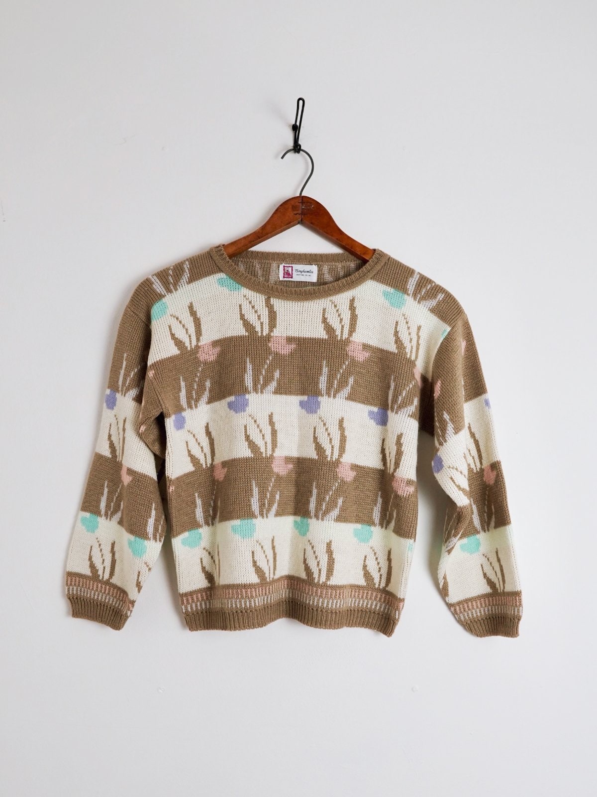 Vintage 80Er Floral Tulip Pastell Pullover Blume Neutral Stripe Neuheit Strickpullover von ClosiTherapiVintage