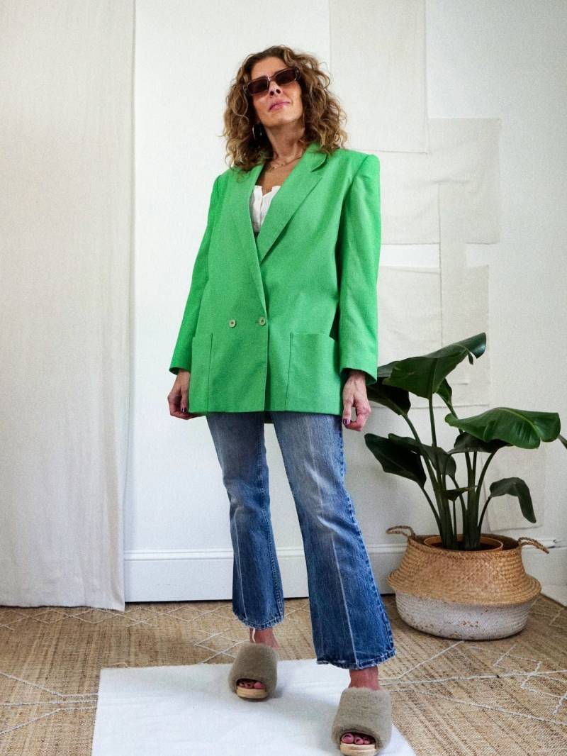 Vintage 80Er Jahre Shamrock Grün Strukturierte Leinen Boxy Gerade Schnitt Gepolsterte Schulter Einzelknopfverschluss Blazer Jacke von ClosiTherapiVintage