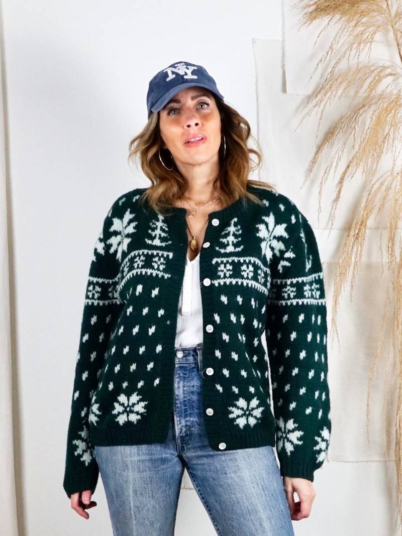 Vintage 80Er Piniengrüne Schneeflocken Muster Strickjacke Gemütlicher Cabin Sweater von ClosiTherapiVintage