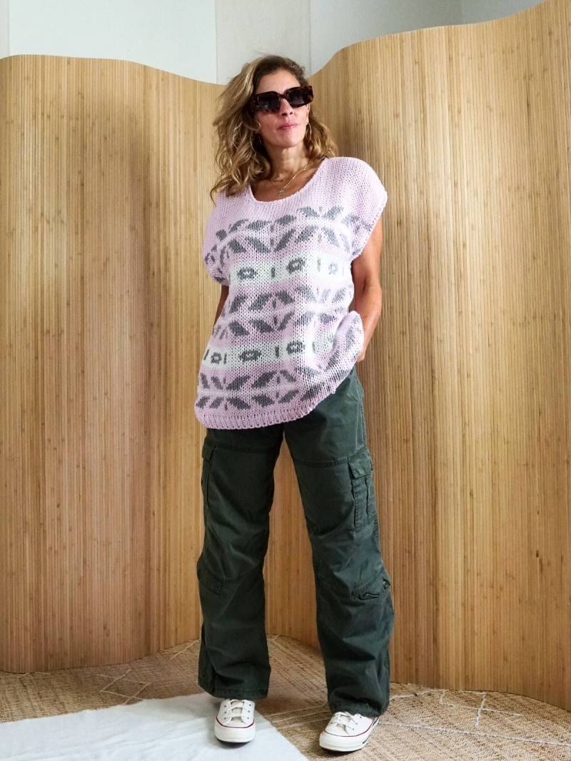 Vintage 80Er Slouchy Rosa Abstrakte Ärmellose Pullover Streifen Stricken Lange Weste von ClosiTherapiVintage