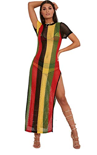 Clossy London 100 % Baumwolle Damen Rasta Jamaikanische Arbeit String Mesh Fischnetz Kleid Schlitz Durchsichtig Schwarz Rot Grün Gelb Hip Hop Tanz Club Kleid, rasta, X-Small von Clossy London