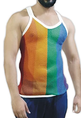 Mesh Marina Reggae Regenbogen Herren Weste Fischnetz Shirt Fitted Striped Sport Tank Top LGBT Gay Parade Flagge Muskeln, Regenbogen, XL von Clossy London