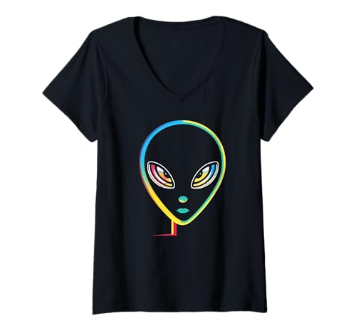 Damen Space ET Alien starrt mit bunten durchdringenden Augen Cosmic T-Shirt mit V-Ausschnitt von Clothehanger