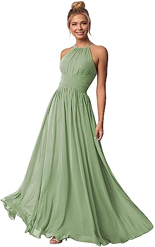 Clothfun Damen Halter Brautjungfer Kleider Lange Chiffon Formelle Kleider Abend Party Kleid 2023, Salbei, 34 von Clothfun