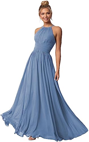 Clothfun Damen Halter Brautjungfer Kleider Lange Chiffon Formelle Kleider Abend Party Kleid 2023, Schiefer, Blau, 44 von Clothfun