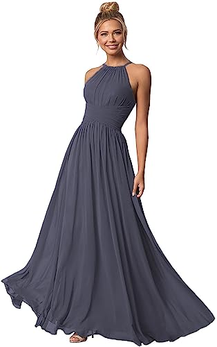Clothfun Damen Halter Brautjungfer Kleider Lange Chiffon Formelle Kleider Abend Party Kleid 2023, Stormy Blue, 50 Mehr von Clothfun