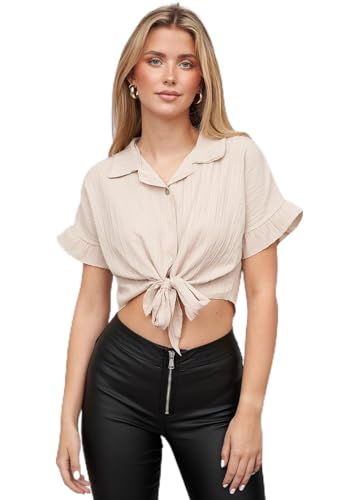 Cloud 5ive Damen Bluse Crop Shirt mit Knopfleiste und Knoten Strukturstoff von Cloud 5ive
