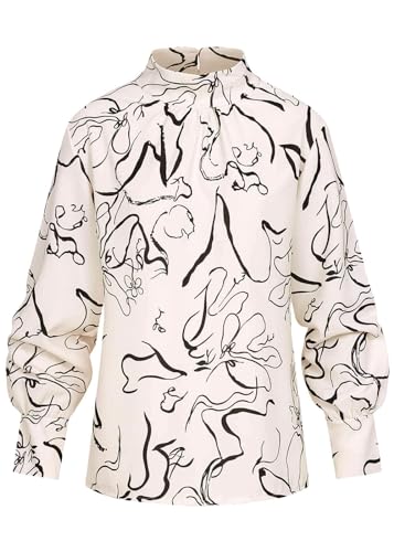 Cloud 5ive Damen Bluse Langarm Choker Shirt mit Grafik Print beige schwarz von Cloud 5ive