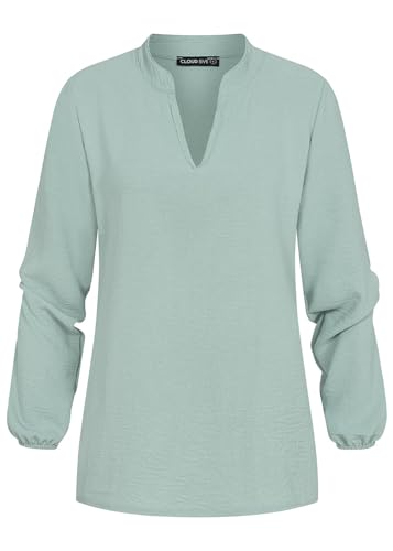 Cloud 5ive Damen Bluse Musselin Shirt mit V-Neck und Stehkragen Ärmel mit Gummibund von Cloud 5ive