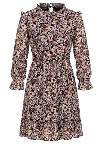 Cloud 5ive Damen Chiffon Kleid mit Stehkragen Rüschen & Blumen Print braun rosa von Cloud 5ive