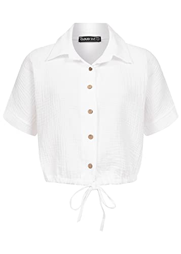 Cloud 5ive Damen Cropped Baumwoll Bluse mit Knopfleiste & Tunnelzug Weiss von Cloud 5ive