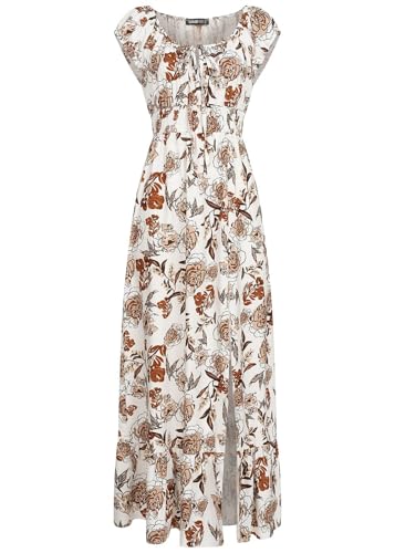 Cloud 5ive Damen Kleid Maxi Dress mit Schlitz und Knotendetail Blumen Print Weiss braun von Cloud 5ive