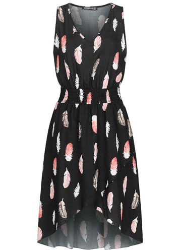 Cloud 5ive Damen Kleid Viskose Vokuhila Dress Wickel Kleid mit Feder Print AOP schwarz von Cloud 5ive