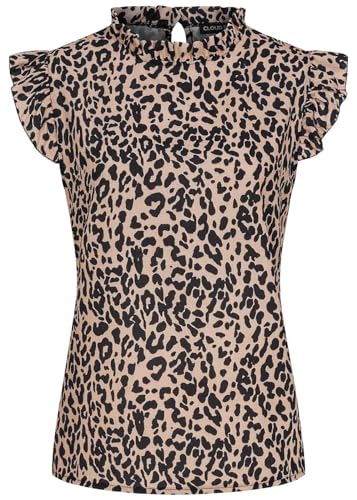 Cloud 5ive Damen Shirt Choker Top mit Flügelärmeln und All Over Leo Print beige schwarz von Cloud 5ive