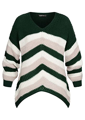 Cloud 5ive Damen Strickpullover Sweater mit V-Neck u. Streifen Muster khaki weiss cream von Cloud 5ive