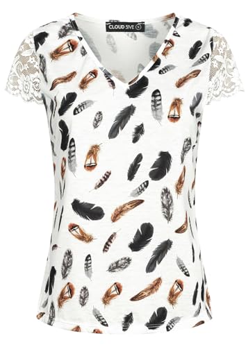 Cloud 5ive Damen T-Shirt mit V-Neck und Spitzenansatz Federprint von Cloud 5ive