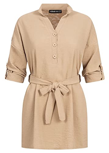 Cloud 5ive Damen Turn-Up Kleid mit Bindedetail Tunika beige von Cloud 5ive