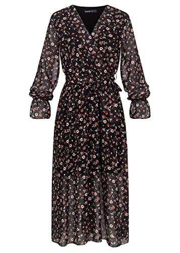 Cloud 5ive Damen V-Neck Chiffon Longform Kleid Blumen Print inkl. Bindegürtel schwarz von Cloud 5ive