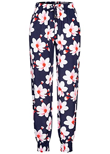Cloud 5ive Damen Viskose Hose mit Bündchen 2-Pockets & Big Flowers Navy rosa Weiss von Cloud 5ive