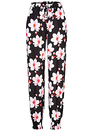 Cloud 5ive Damen Viskose Hose mit Bündchen 2-Pockets & Big Flowers schwarz rosa Weiss von Cloud 5ive