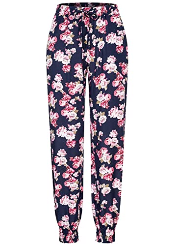 Cloud 5ive Damen Viskose Hose mit Bündchen 2-Pockets & Blumen Print Navy blau rosa von Cloud 5ive