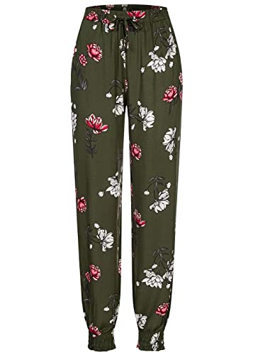 Cloud 5ive Damen Viskose Hose mit Bündchen 2-Pockets & Floraler Print Oliv beige rot von Cloud 5ive