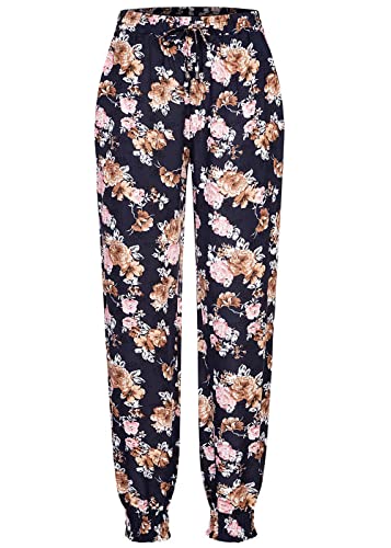 Cloud 5ive Damen Viskose Hose mit Bündchen 2-Pockets & Rosen Print Navy rosa braun von Cloud 5ive