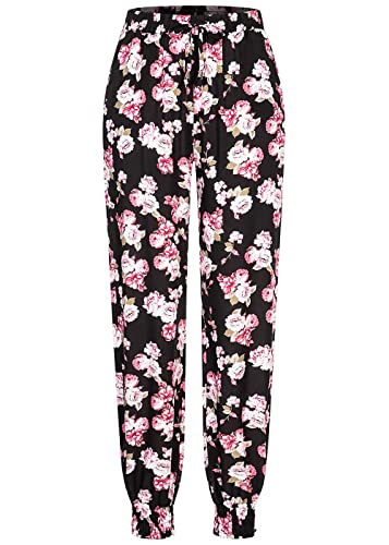 Cloud 5ive Damen Viskose Hose mit Bündchen 2-Pockets & Rosen Print schwarz rosa von Cloud 5ive