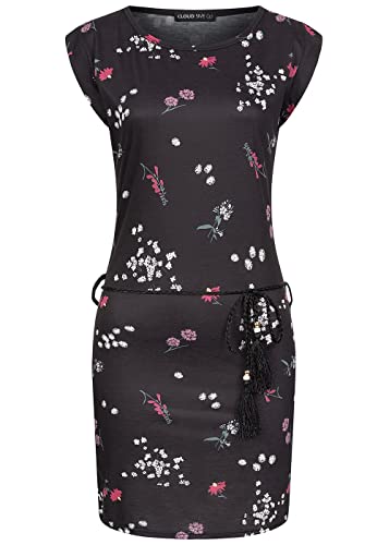 Cloud 5ive Damen Viskose T-Shirt Kleid m. Flechtgürtel Blumen Print schwarz mc von Cloud 5ive