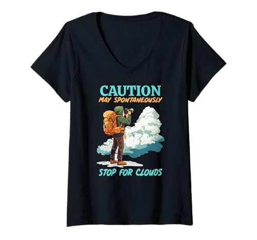 Damen CAUTIONMAY SPONTANEOUSLYSTOP FOR CLOUDS T-Shirt mit V-Ausschnitt Damen CAUTIONMAY SPONTANEOUSLYSTOP FOR CLOUDS T-Shirt mit V-Ausschnitt von Cloud Candid Photography Lens Shutter
